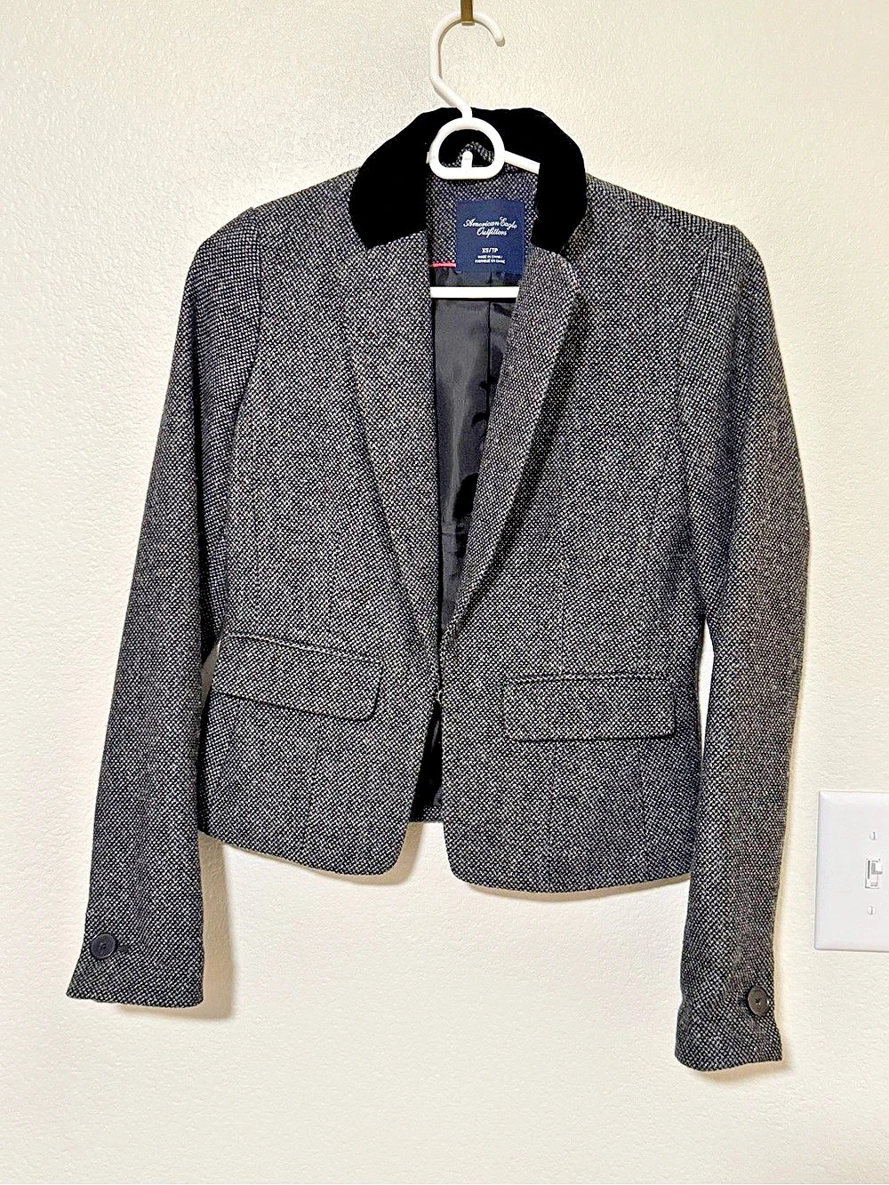 American Eagle Outfitters Tweed Velvet Collar Blazer Gray & Black XS